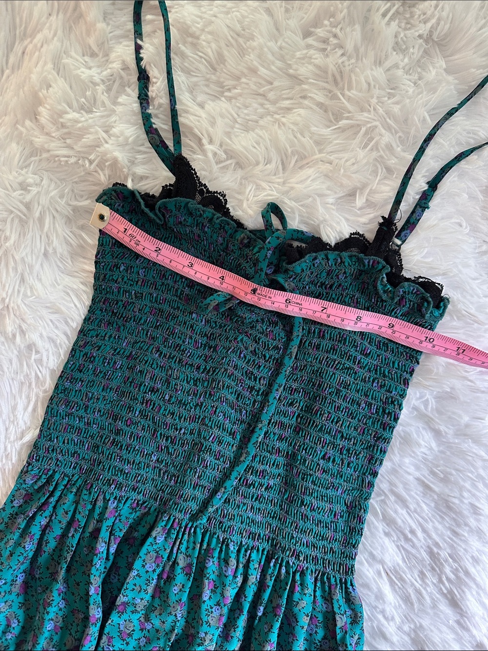 Vintage Y2K Betsey Johnson Teal Floral High-Low Milkmaid Dress with Lace Trim 4 - Picture 6 of 11